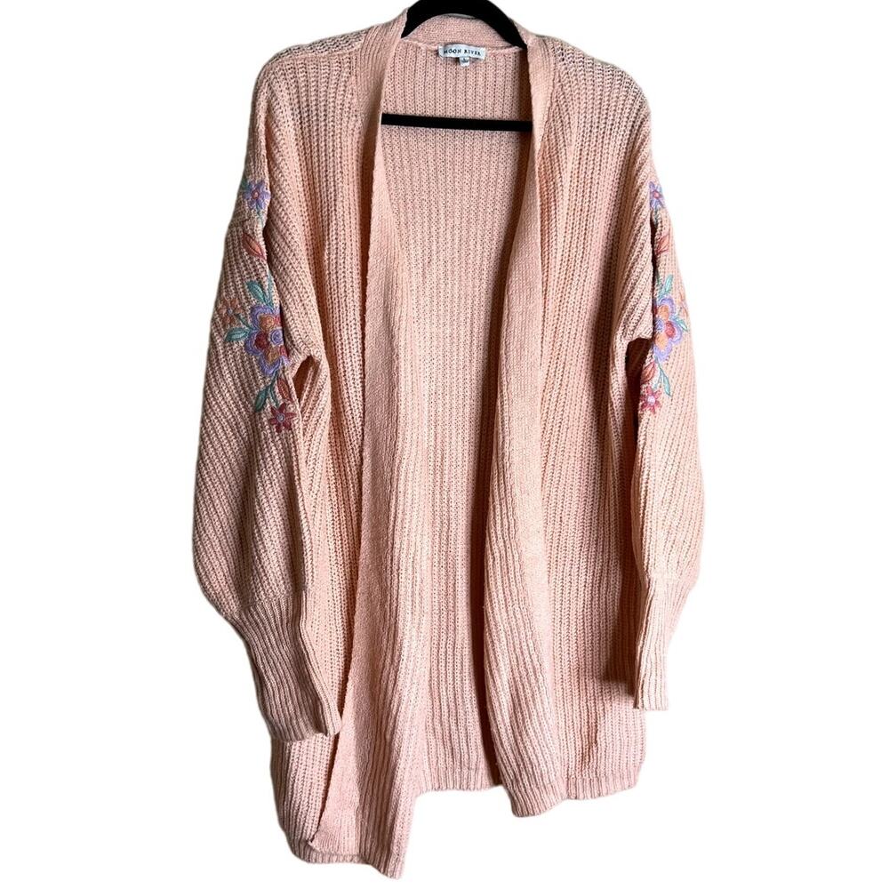Moon River Cardigan Sweater Women Large Pink Knitted Embroidered Cottagecore